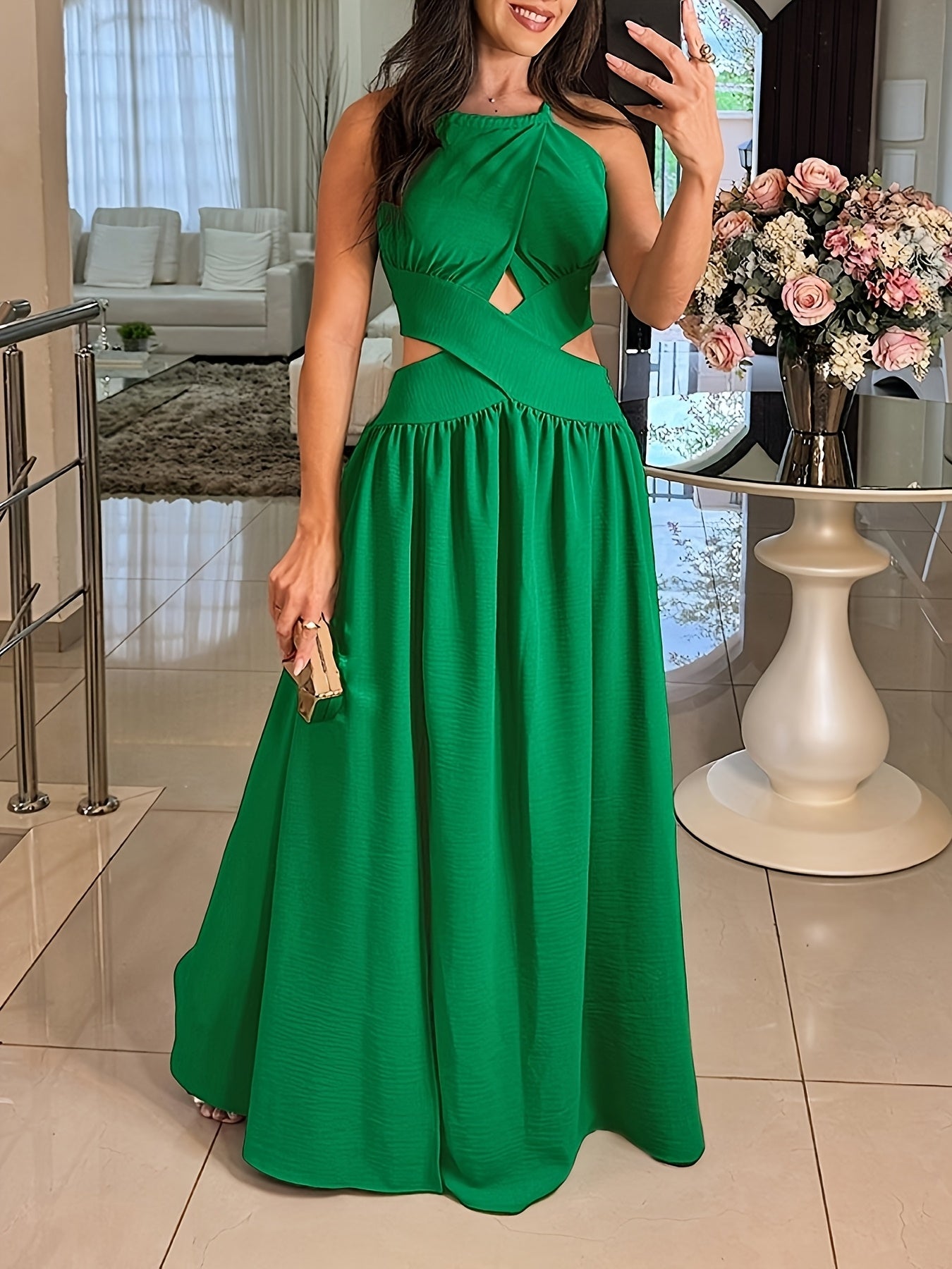 Elegant Off-Shoulder Green Maxi Dress with Cross-Tie Detail, Sleeveless Ruched Summer Dress for Women, Perfect for Parties and Formal Events, Party Evening Wear | Smooth Glossy Fabric