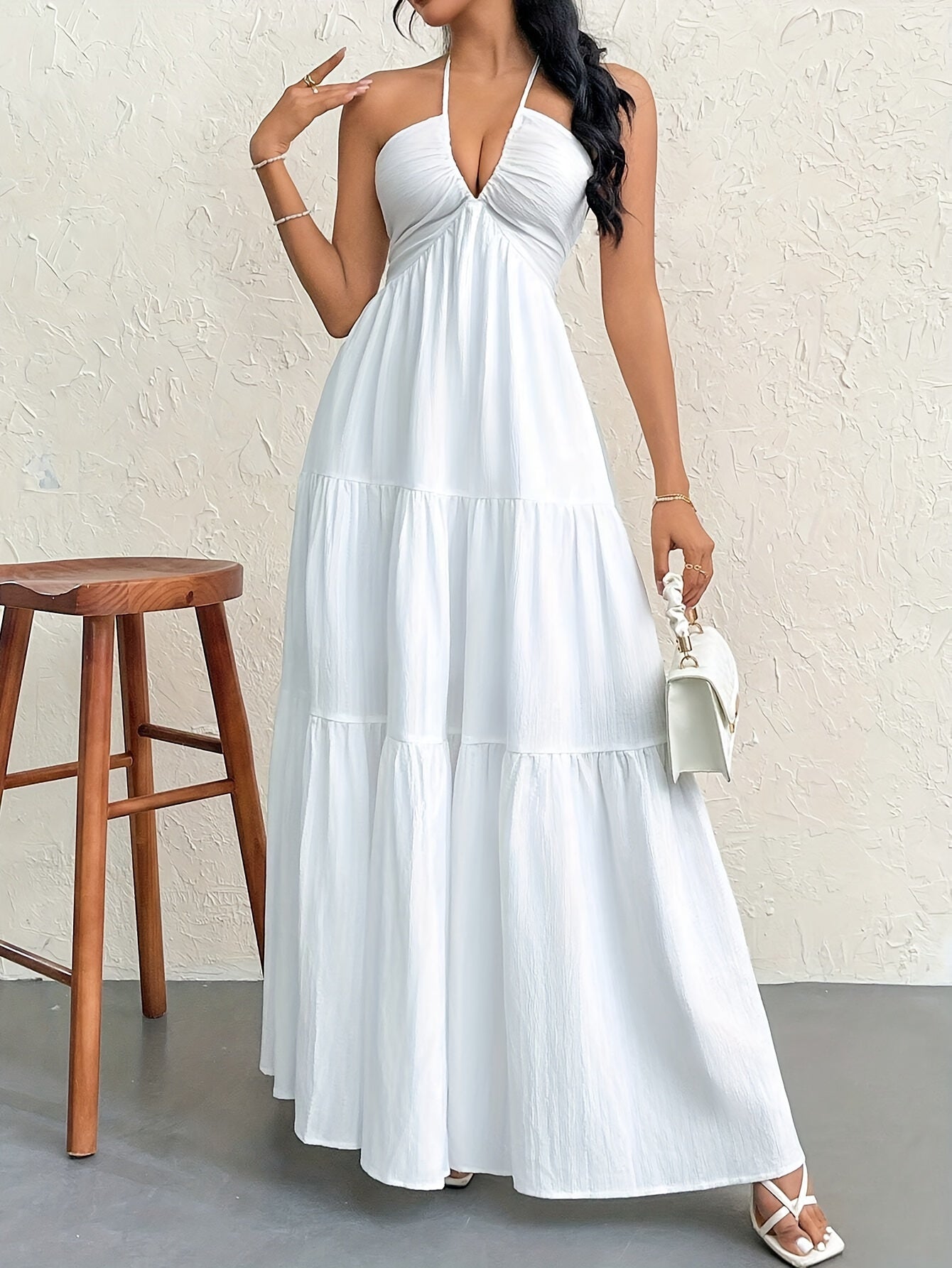 Elegant Ruffled Hem A-Line Maxi Dress - Women's Clothing - Halter Neck, Tie Back, Cut Out, Solid Color, Formal, Chic, and Sophisticated - Perfect for Wedding, Party, or Special Occasion