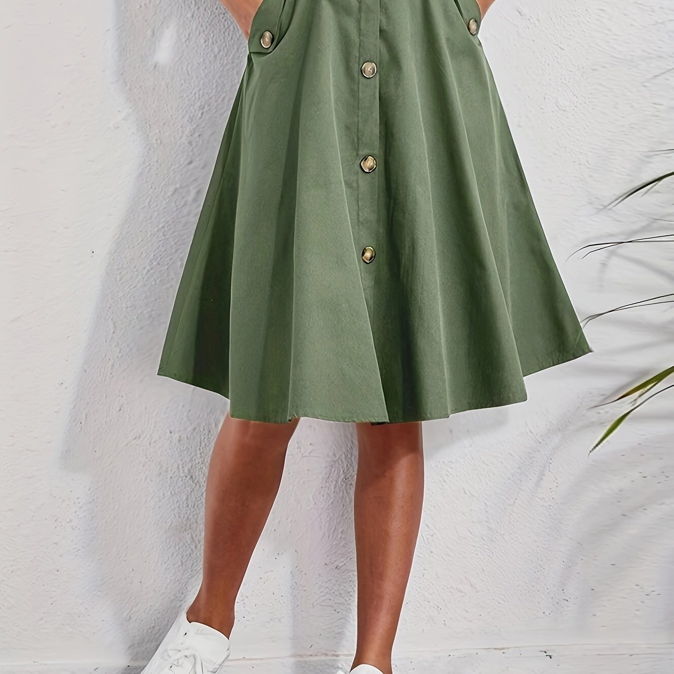 Elegant Solid Color Midi Skirt with Pockets - High Waist, Non-Stretch Polyester, Machine Washable - Perfect for All Seasons