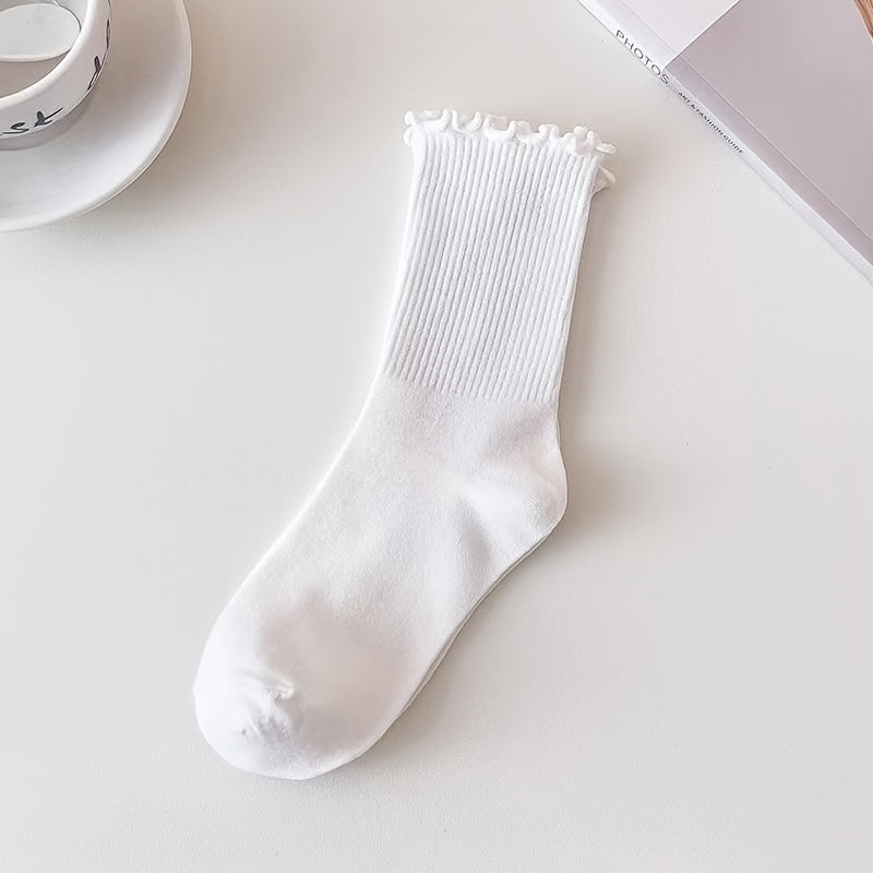 6 Pairs Women's Solid Color Mid-Calf Socks with Ruffled Trim - Soft Stackable Ribbed Texture, 6 Neutral Tones for Casual & Formal Outfits, Comfortable Casual Attire, Cute Socks, Elegant Sock Design