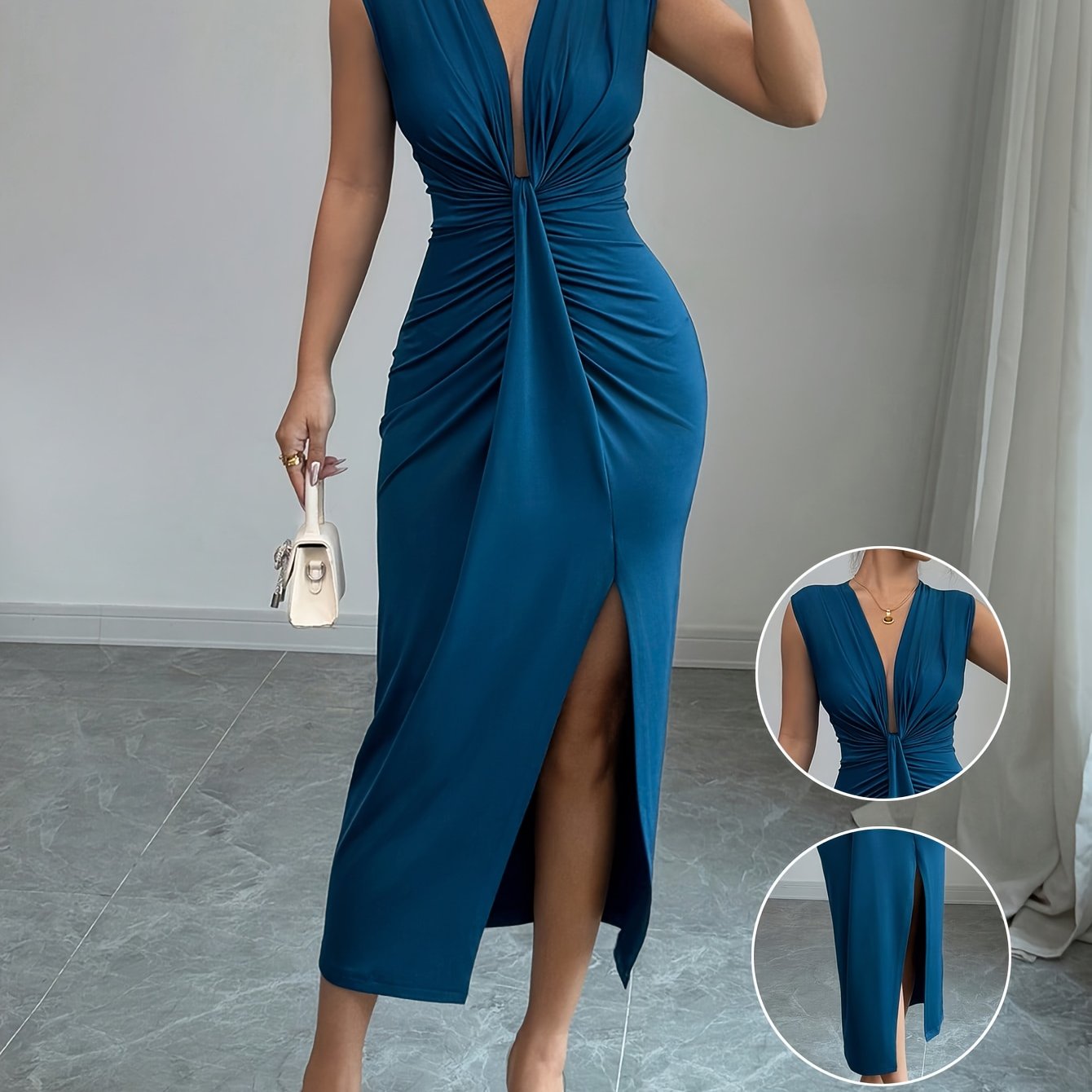 Elegant Blue V-Neck Sleeveless Maxi Dress with Side Slit - Polyester, Form-Fitting, Perfect for Spring/Summer, Adult Women'S Fashion, Elegant Attire| Formfitting Dress|Polyester Fabric