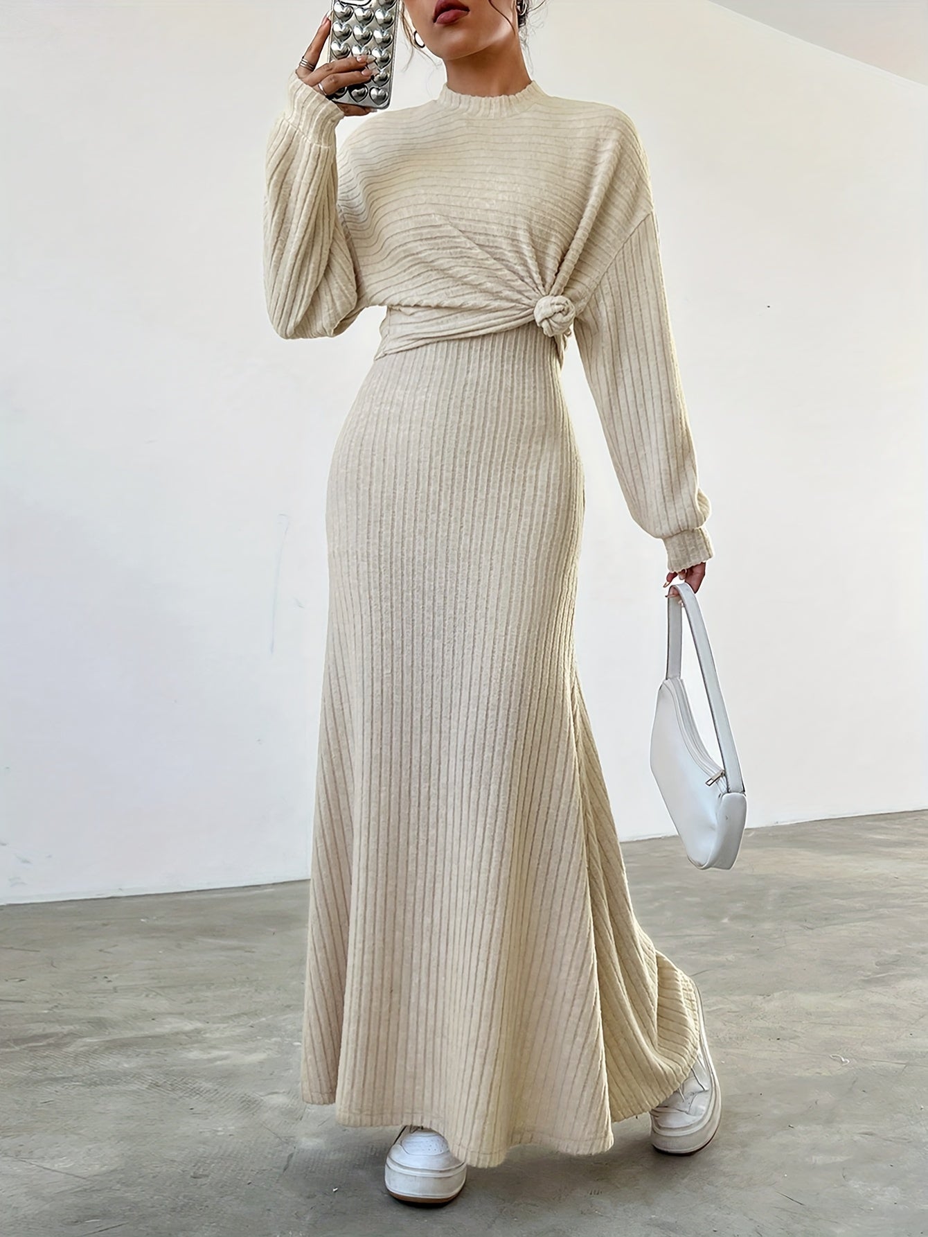 Elegant Ribbed Dress Set - Women's Dress Suits with Crew Neck Long Sleeve Top & Maxi Tank Dress Outfits, Soft Solid Color, Comfortable, Versatile, and Chic Clothing for Everyday Wear