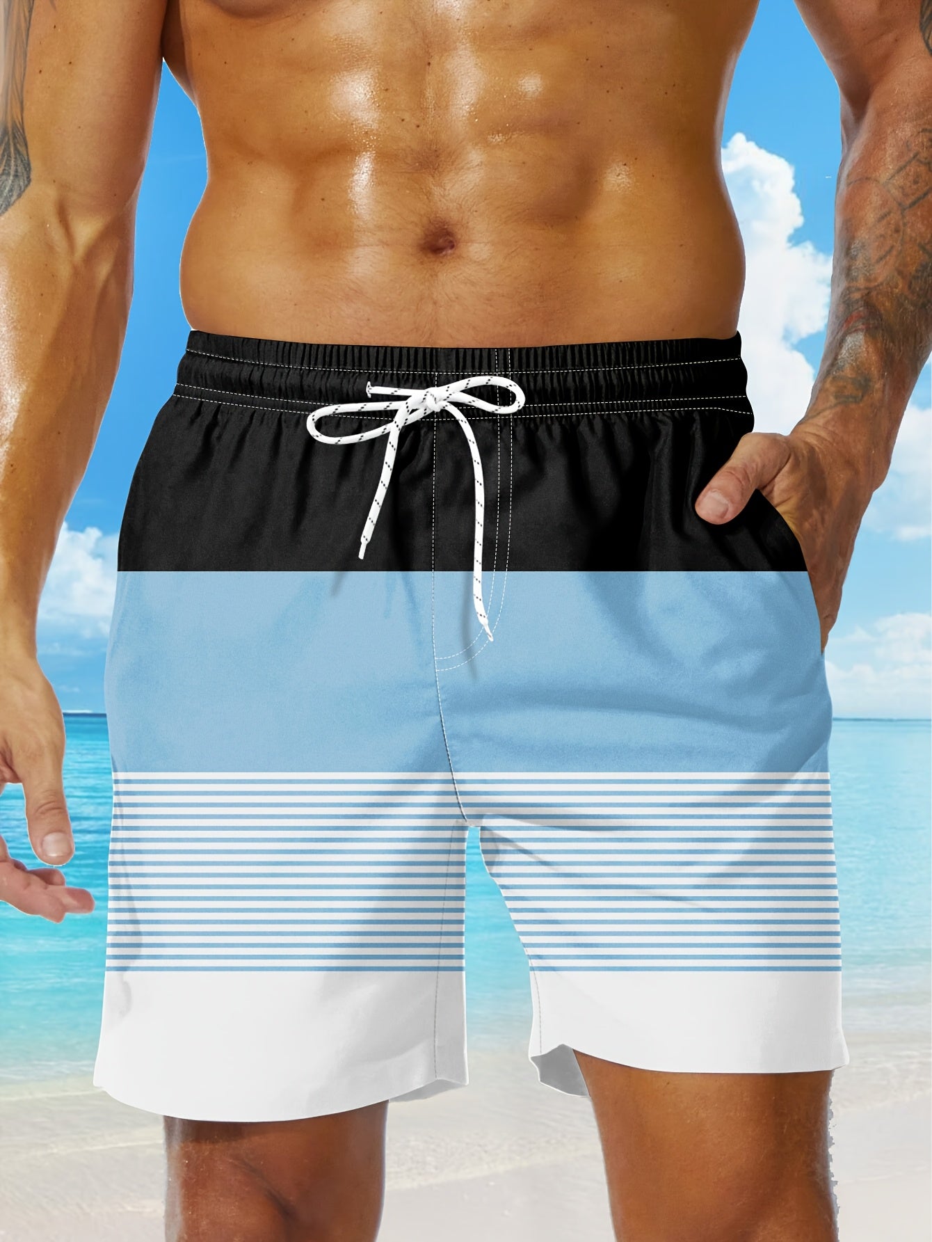 Men'S Fashion Drawstring Beach Shorts with Pockets - Casual Striped & Solid Color Block Design, Non-Stretch Fabric, Perfect for Pool Parties & Vacation