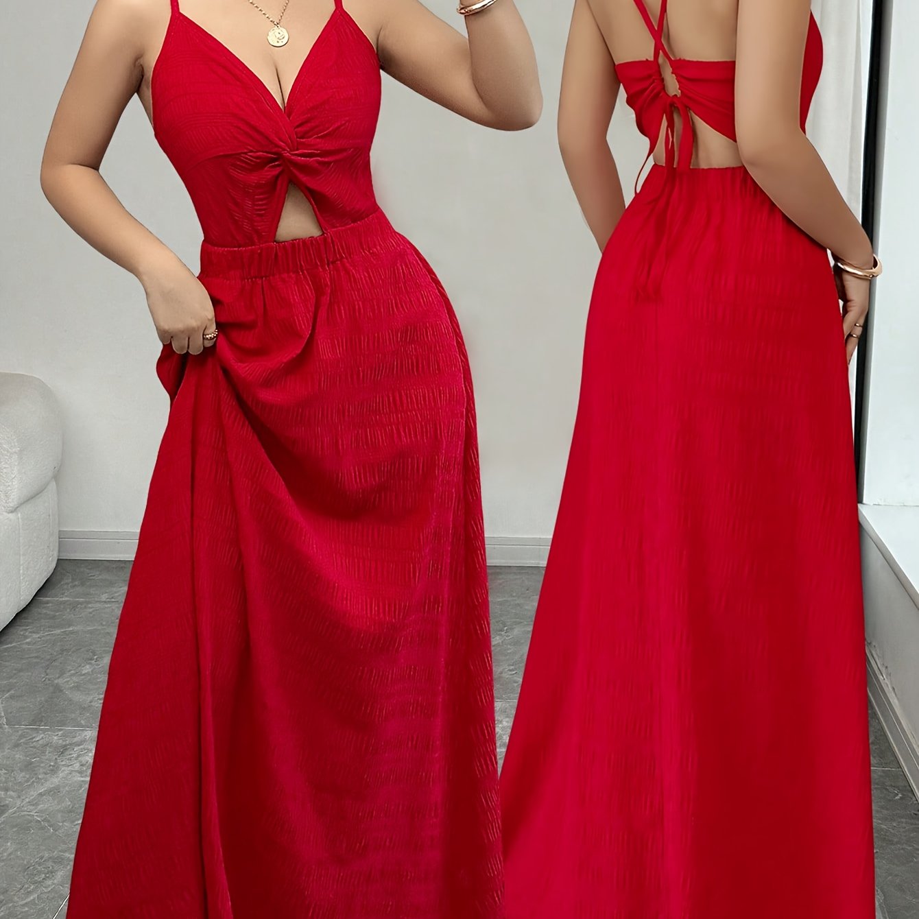 Elegant Red Halter Neck Maxi Dress with V-Neckline and Tie-Up Detail - Perfect for Spring/Summer, Adult, Elegant Attire|Vneckline Dress|Strapless Design