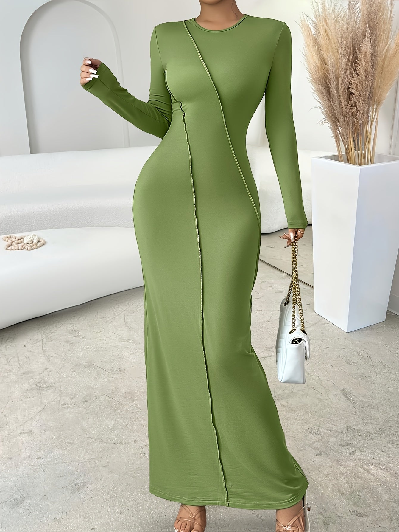 Elegant Green Long Sleeve Maxi Dress for Women - Slim Fit, Crew Neck with Zipper Detail, Stretch Polyester Fabric, Perfect for Fall, Machine Washable