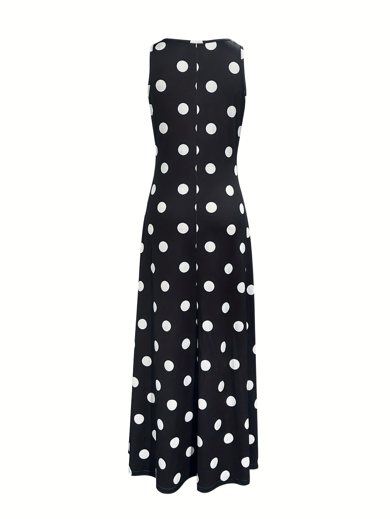 Elegant Black Polka Dot V-Neck Maxi Dress for Women - Sleeveless, Cinched Waist, High-Low Hem, Machine Washable, Spring/Summer/Fall Fashion, Formal Summer Dress | Cinched Waist Dress | Sophisticated Look