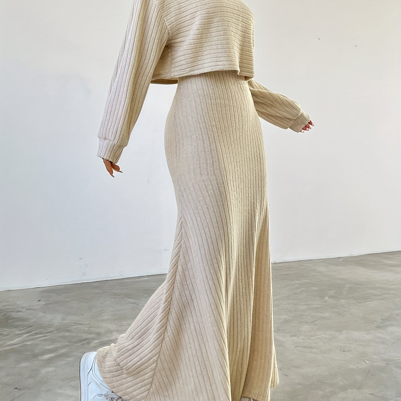 Elegant Ribbed Dress Set - Women's Dress Suits with Crew Neck Long Sleeve Top & Maxi Tank Dress Outfits, Soft Solid Color, Comfortable, Versatile, and Chic Clothing for Everyday Wear