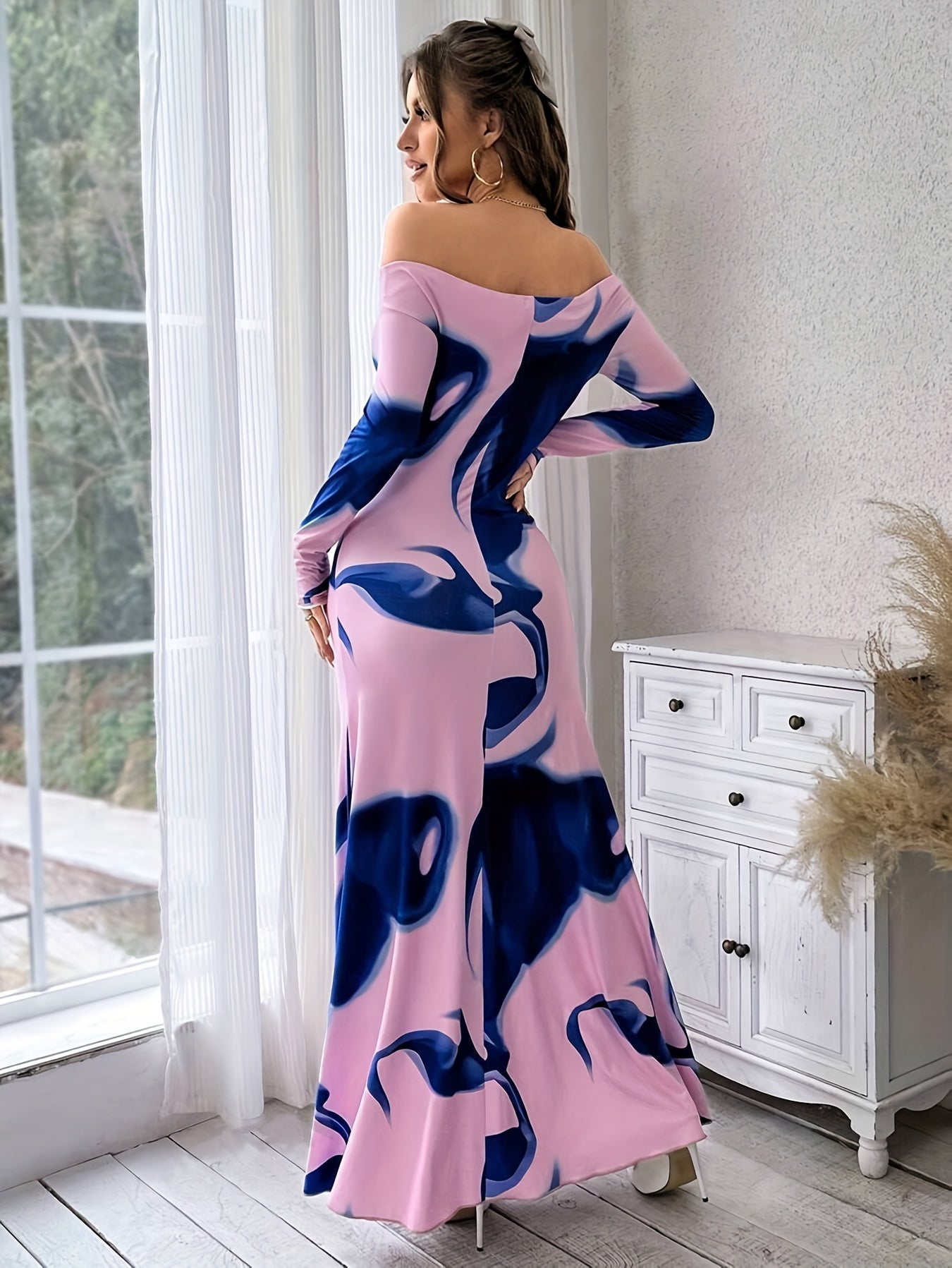 Elegant Off-Shoulder Camo Print Maxi Dress for Women - Chic Long Sleeve, Ruched Waist, Mermaid Silhouette, Polyester Blend, Perfect for Spring/Fall Events