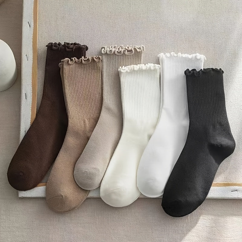 6 Pairs Women's Solid Color Mid-Calf Socks with Ruffled Trim - Soft Stackable Ribbed Texture, 6 Neutral Tones for Casual & Formal Outfits, Comfortable Casual Attire, Cute Socks, Elegant Sock Design