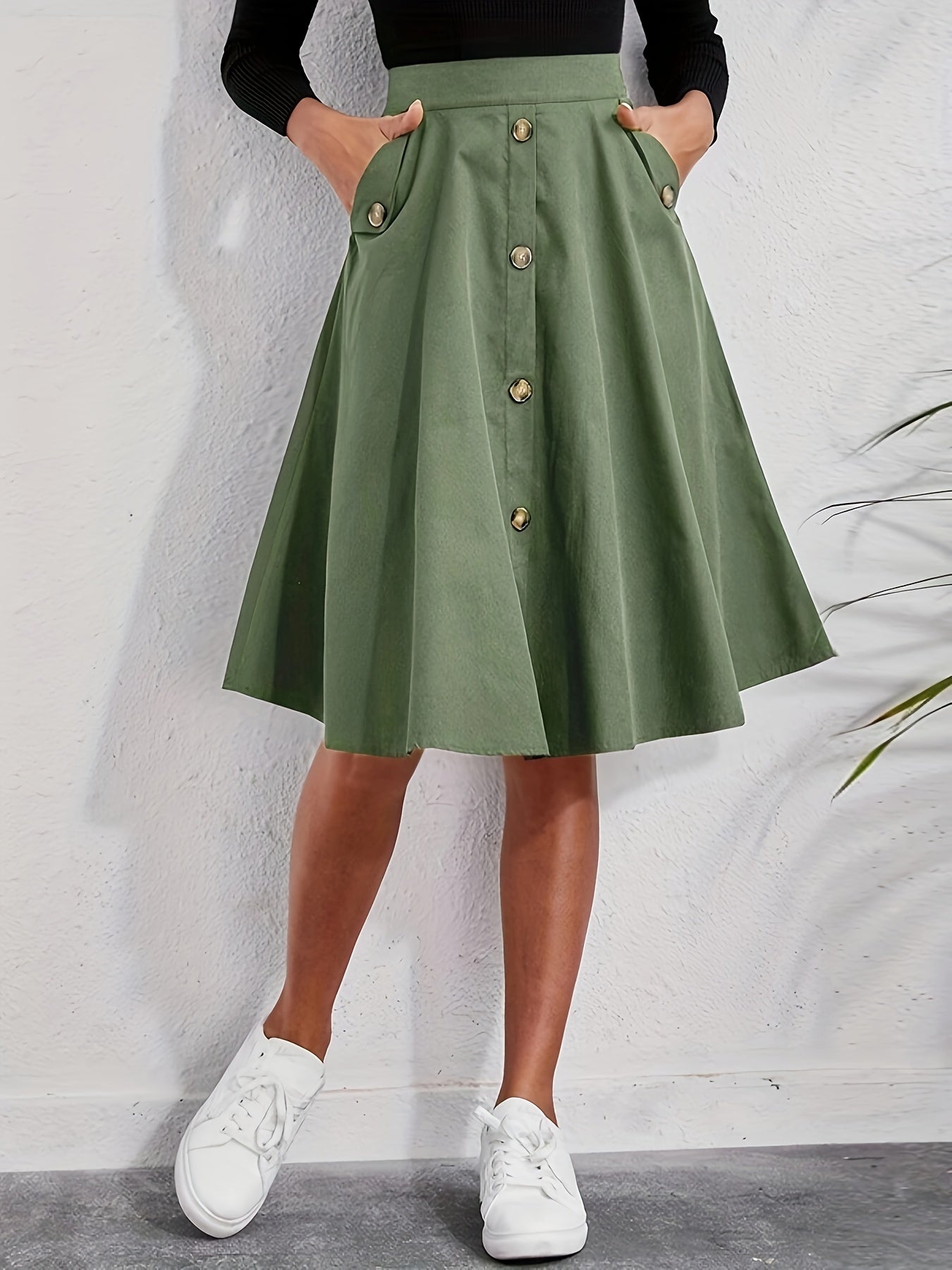 Elegant Solid Color Midi Skirt with Pockets - High Waist, Non-Stretch Polyester, Machine Washable - Perfect for All Seasons