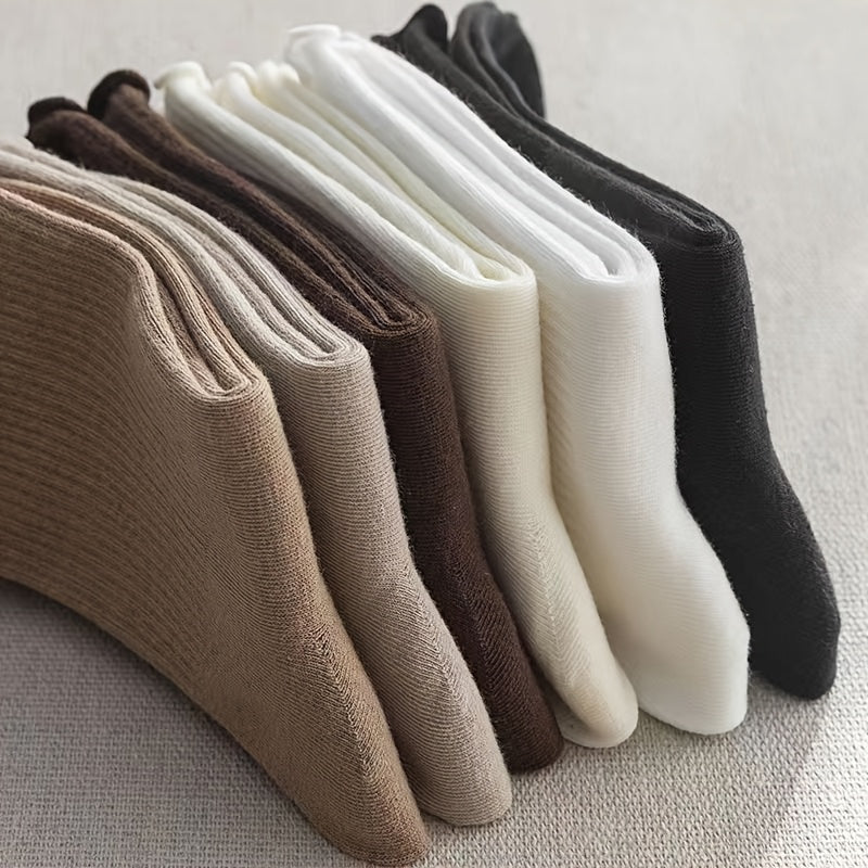 6 Pairs Women's Solid Color Mid-Calf Socks with Ruffled Trim - Soft Stackable Ribbed Texture, 6 Neutral Tones for Casual & Formal Outfits, Comfortable Casual Attire, Cute Socks, Elegant Sock Design