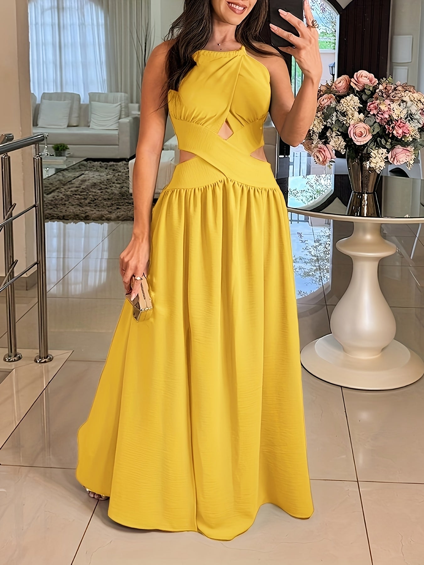 Elegant Off-Shoulder Green Maxi Dress with Cross-Tie Detail, Sleeveless Ruched Summer Dress for Women, Perfect for Parties and Formal Events, Party Evening Wear | Smooth Glossy Fabric