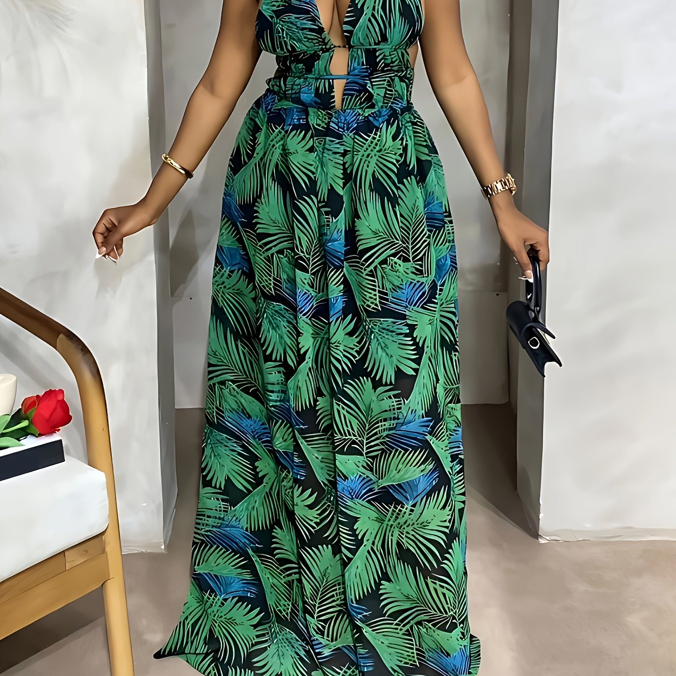 Vibrant Tropical Print Halter Neck Maxi Dress - Flattering Sleeveless Design, Perfect Vacation Essential for Women