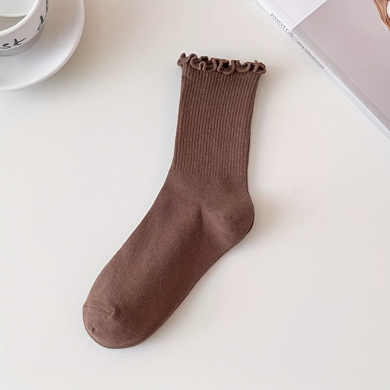 6 Pairs Women's Solid Color Mid-Calf Socks with Ruffled Trim - Soft Stackable Ribbed Texture, 6 Neutral Tones for Casual & Formal Outfits, Comfortable Casual Attire, Cute Socks, Elegant Sock Design