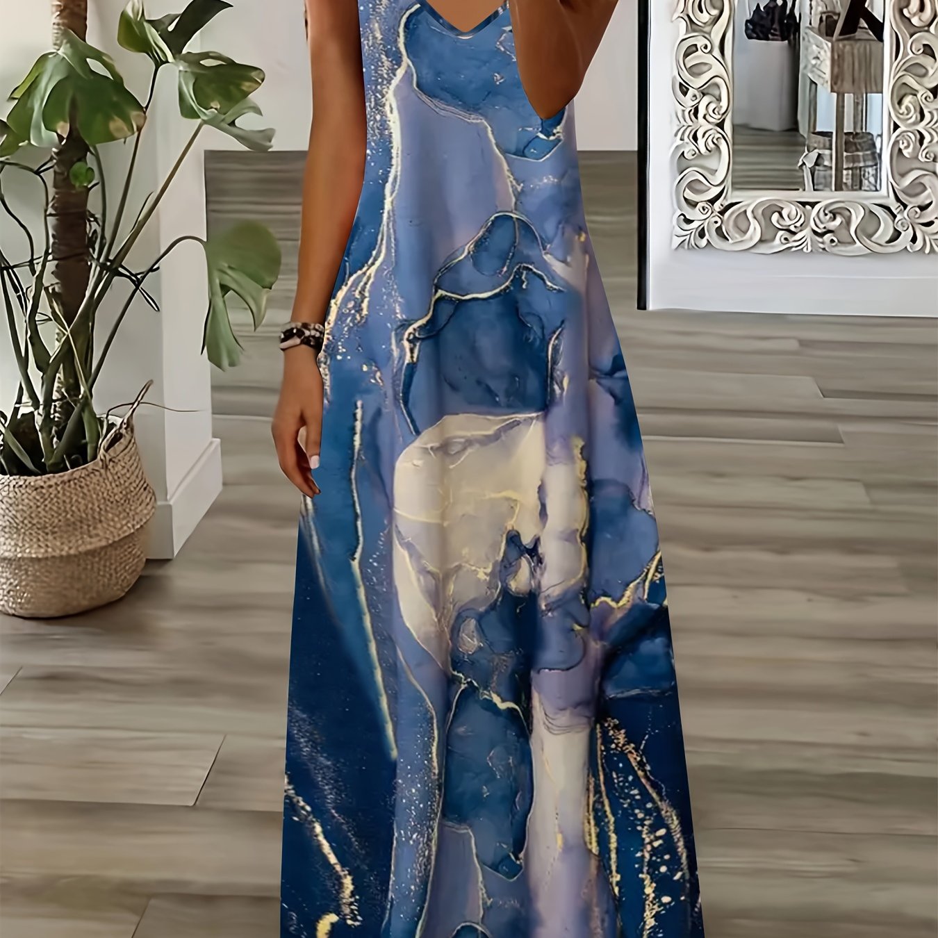 Women's Summer Maxi Dress - Gradient Geometric Print, Sleeveless V-Neck with Shoulder Cutouts, Casual Polyester Knit for Everyday & Holiday Wear