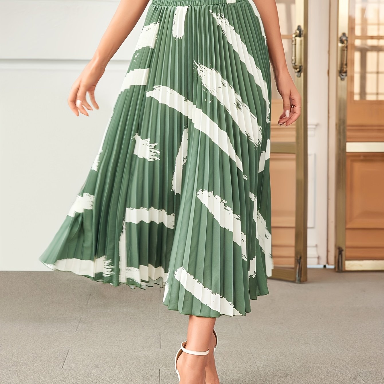 Women'S Elegant Flared Pleated Maxi Dress, All Over Print, Polyester, Regular Length, Loose Fit, for Spring, Summer, Fall