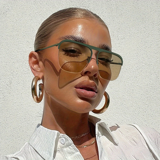 1 Pair ENSARJOE Oversized Metal Frame Fashion Glasses for Women - Anti-Reflective Gradient Lenses, Stylish Rectangular Design with Golden & Clear Tint, Perfect for Beach, Party & Casual Attire, Party Eyewear | Modern Aestheti
