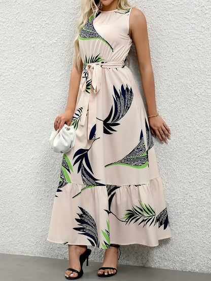Tropical Plant Print Polyester Women's Elegant Sleeveless Maxi Dress with Belt - Round Neck, Spring/Summer 2025 Collection