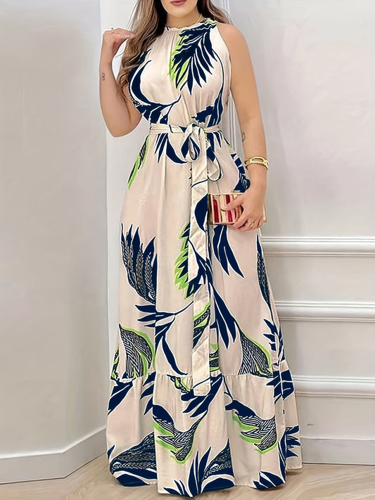 Tropical Plant Print Polyester Women's Elegant Sleeveless Maxi Dress with Belt - Round Neck, Spring/Summer 2025 Collection