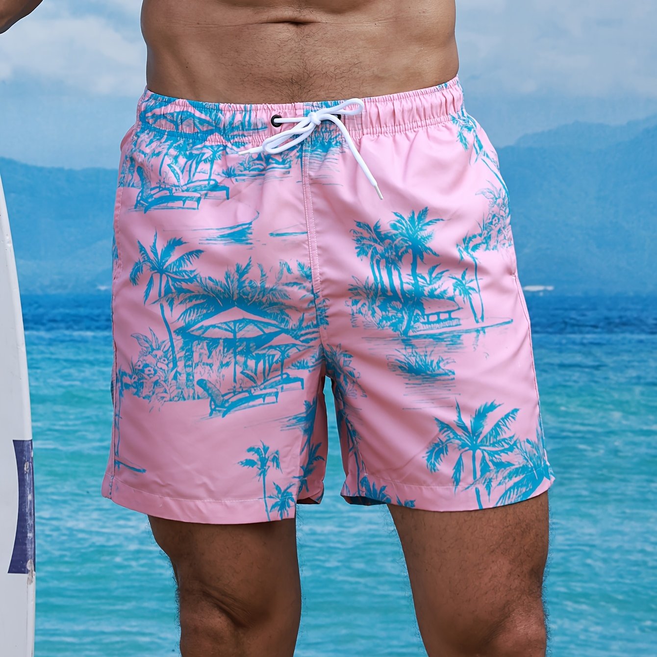 Men'S Pink Beach Shorts with Tropical Palm Print - Non-Stretch Polyester, Lightweight, Regular Fit, Pockets, Vacation Style, Beach Attire|Tropical Print Shorts|Lightweight Shorts