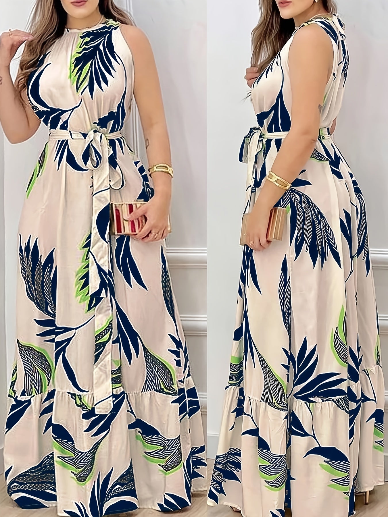 Tropical Plant Print Polyester Women's Elegant Sleeveless Maxi Dress with Belt - Round Neck, Spring/Summer 2025 Collection