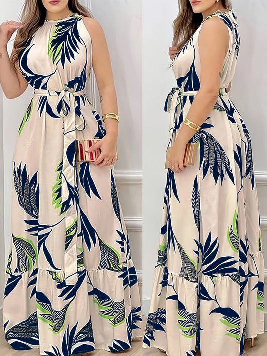 Tropical Plant Print Polyester Women's Elegant Sleeveless Maxi Dress with Belt - Round Neck, Spring/Summer 2025 Collection