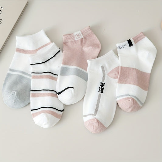 5 Pairs of Women's Summer Short Socks, Striped Breathable Color-Mixing Boat Socks, Pink Fresh Women's Socks