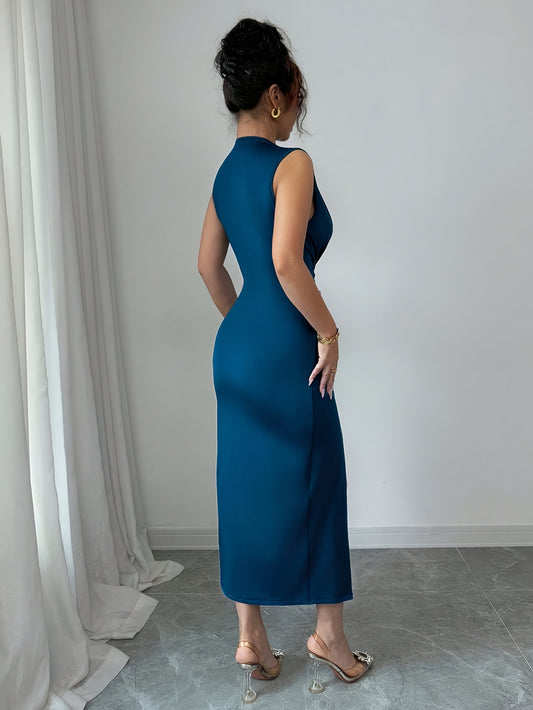 Elegant Blue V-Neck Sleeveless Maxi Dress with Side Slit - Polyester, Form-Fitting, Perfect for Spring/Summer, Adult Women'S Fashion, Elegant Attire| Formfitting Dress|Polyester Fabric