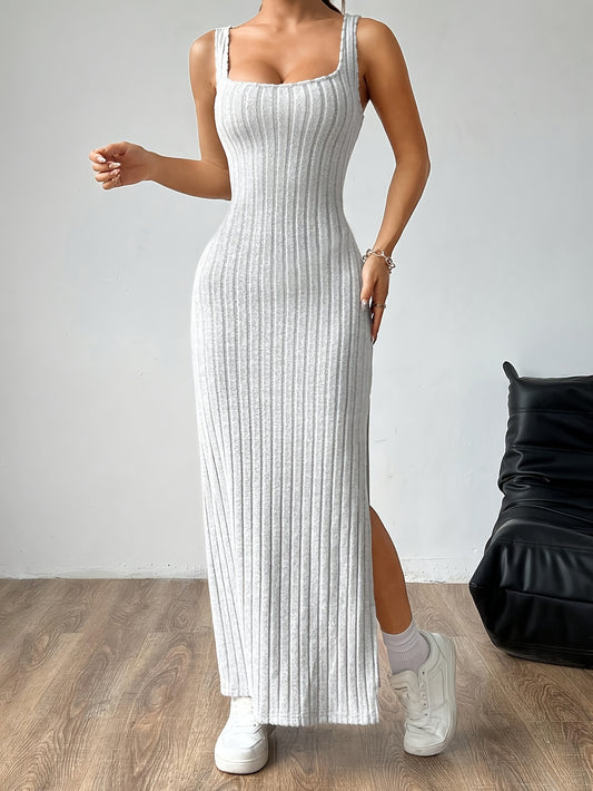 1pc Elegant Polyester Knit Maxi Dress for Women - Solid Color, Square Neck, Sleeveless, Regular Fit, Side Split, Long Length - Versatile for Spring/Summer/Fall