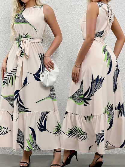 Tropical Plant Print Polyester Women's Elegant Sleeveless Maxi Dress with Belt - Round Neck, Spring/Summer 2025 Collection