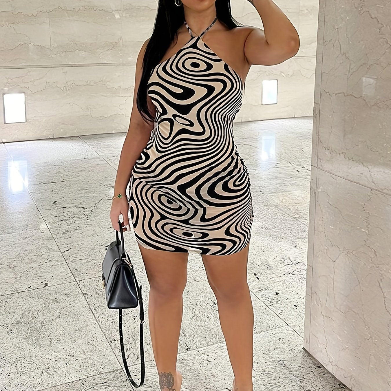 Chic Geometric Print Halter Mini Dress for Women - Sleeveless, Bodycon Fit, Perfect for Summer Beach Parties, Spaghetti Strap, Short Dress
