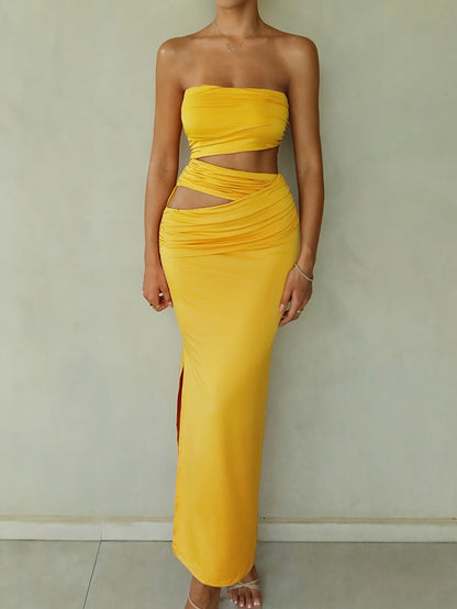 Sleeveless Off-Shoulder Maxi Dress for Women - Sexy Cutout Design, Bright Yellow, Perfect for Parties, Thanksgiving & Semi-Formal Occasions, Semiformal Attire | Halter Neck Dress | Side Cutouts