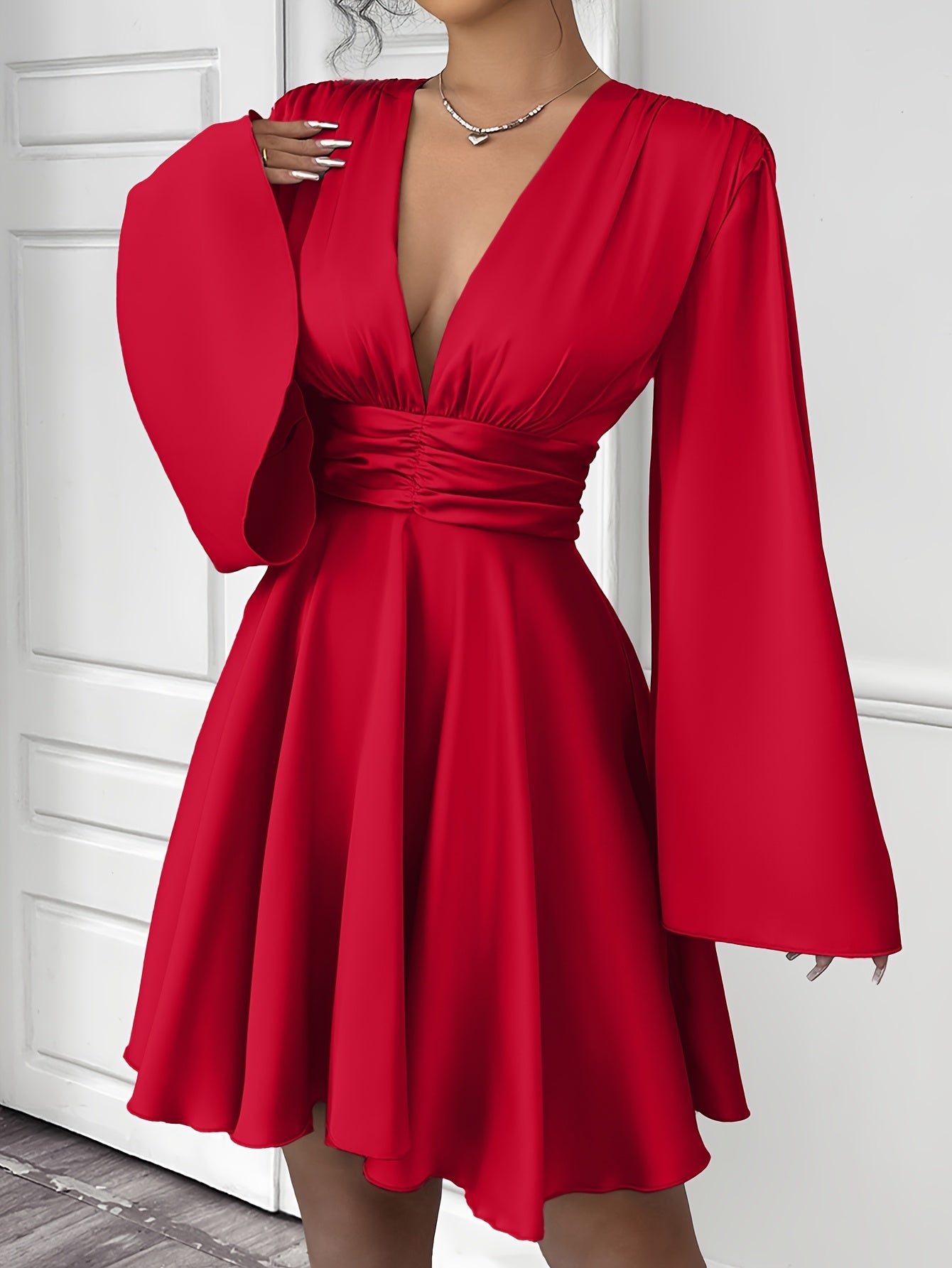Women'S Elegant V-Neck Long Sleeve Pleated Mini Dress - Red, Ruched Bust, Deep Neckline, Fall Fashion, Casual to Formal Wear, Casual Dressing | Pleated Mini Dress | Ruched Detailing, Fall Dresses