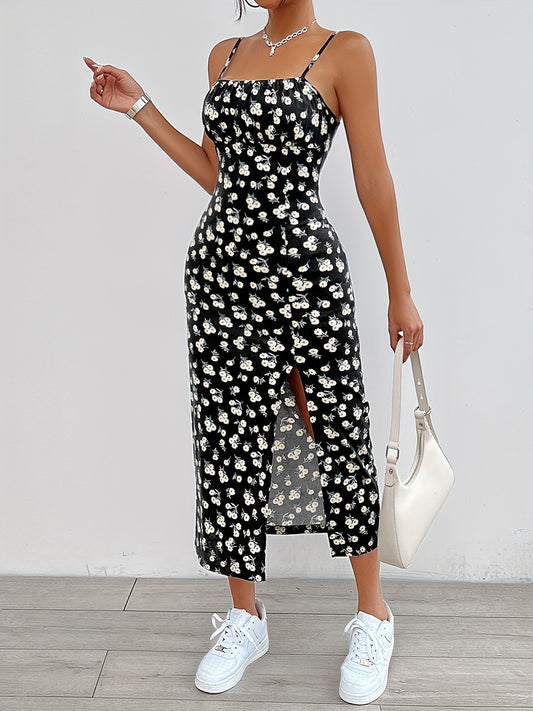 Elegant Floral Print Maxi Dress for Women - Black and White, Sleeveless, Adjustable Straps, Perfect for Spring/Summer/Fall