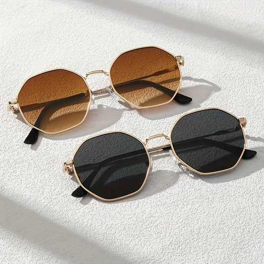 2pcs of Metal Polygon Round Frame Women'S Fashion Classic Black, Tea Two-In-One Set Stylish Outfit Decorative Glasses