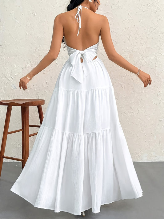 Elegant Ruffled Hem A-Line Maxi Dress - Women's Clothing - Halter Neck, Tie Back, Cut Out, Solid Color, Formal, Chic, and Sophisticated - Perfect for Wedding, Party, or Special Occasion