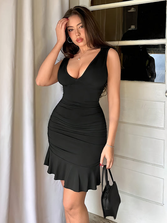 Vibrant V-Neck Bodycon Ruffle Hem Tank Dress - Elegant Sleeveless Polyester Dress for Women, Perfect for Spring, Summer, Wedding, Graduation, Engagement, Party, Holiday, and Birthday Occasions - Customized, Micro Elastic, Sol