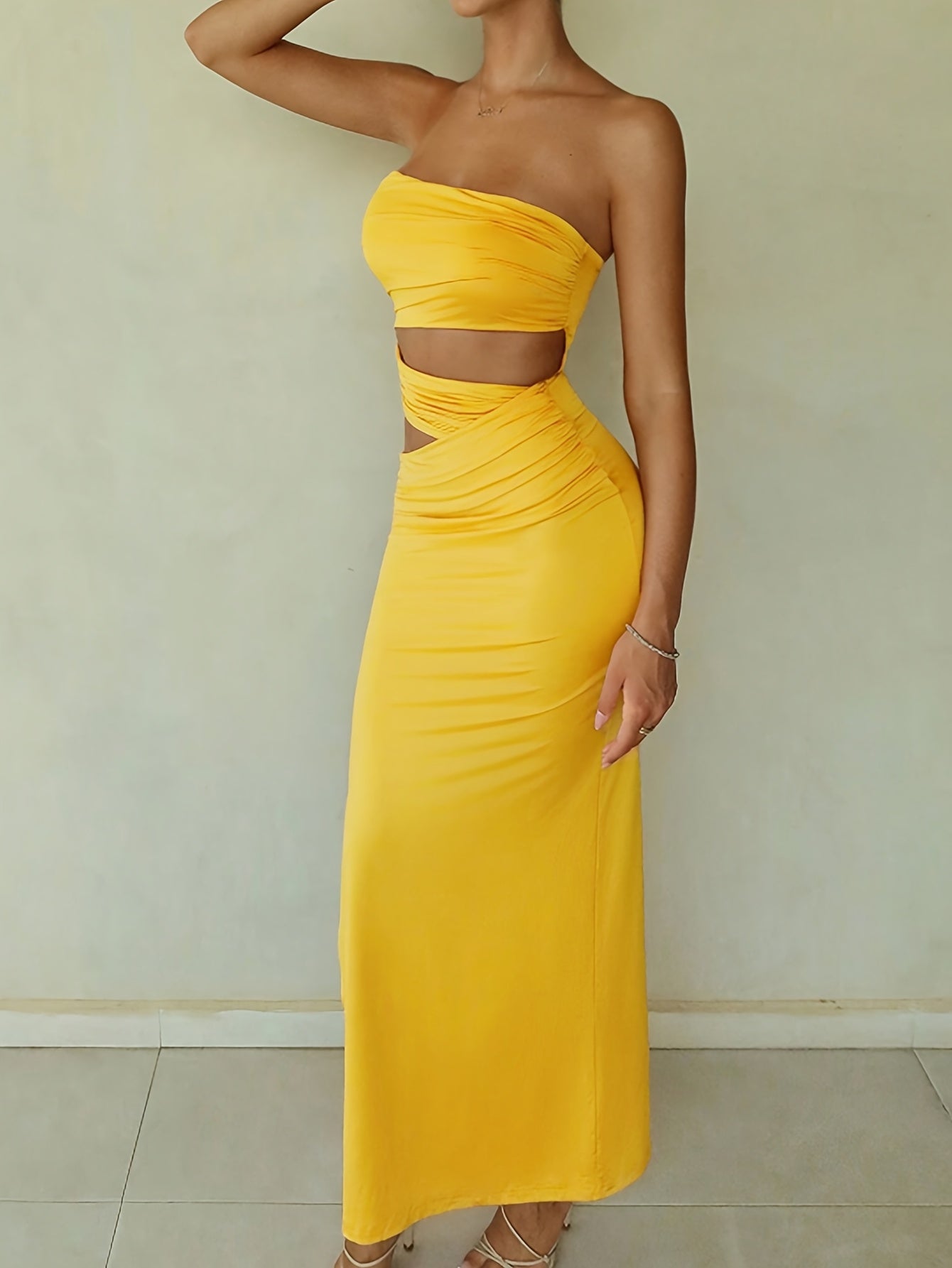 Sleeveless Off-Shoulder Maxi Dress for Women - Sexy Cutout Design, Bright Yellow, Perfect for Parties, Thanksgiving & Semi-Formal Occasions, Semiformal Attire | Halter Neck Dress | Side Cutouts