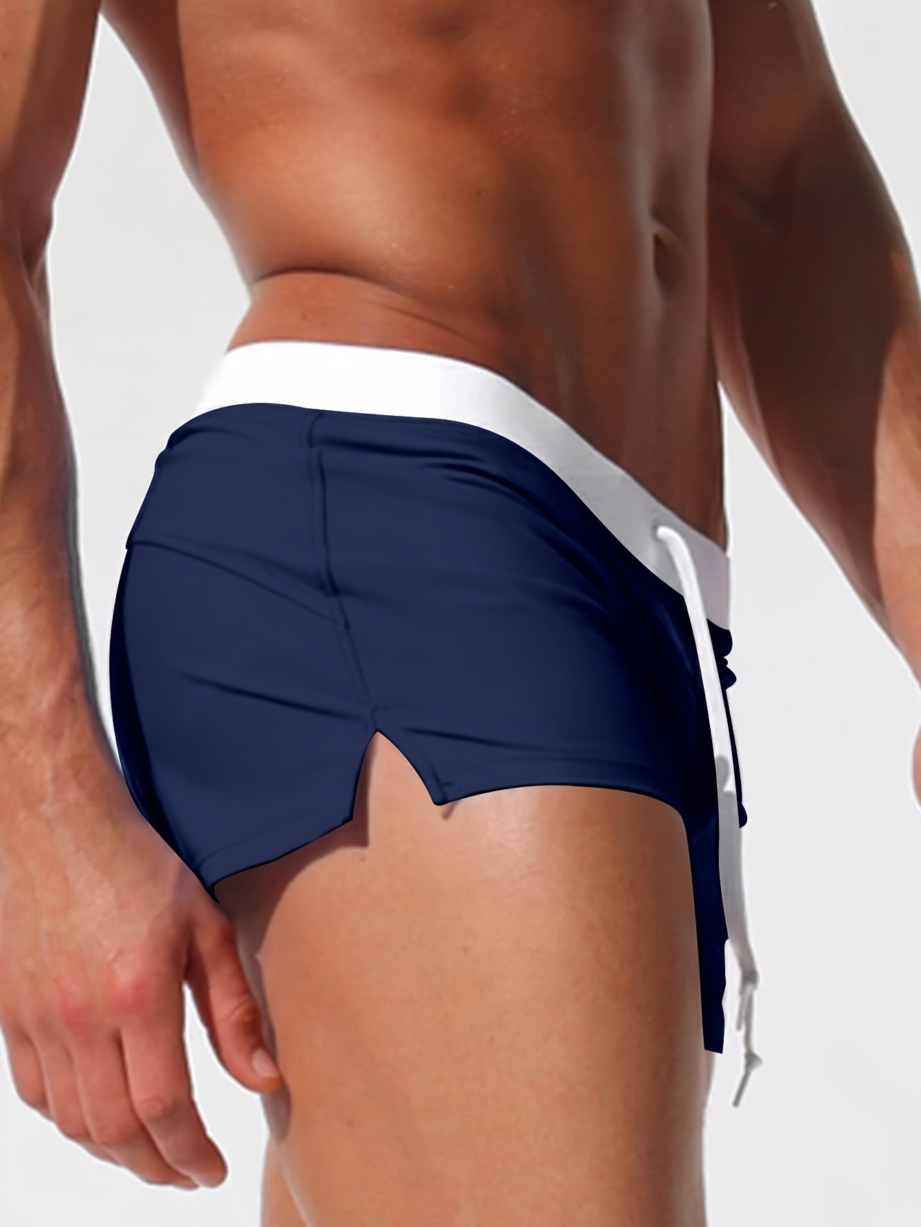 Men'S Solid Color Swim Trunks, High Stretch Knit Fabric, Polyamide 82% & Elastane 18%, Skinny Fit with Drawstring, Side Zipper Pockets, Modest Style for Beach & Vacation