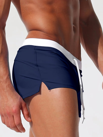 Men'S Solid Color Swim Trunks, High Stretch Knit Fabric, Polyamide 82% & Elastane 18%, Skinny Fit with Drawstring, Side Zipper Pockets, Modest Style for Beach & Vacation