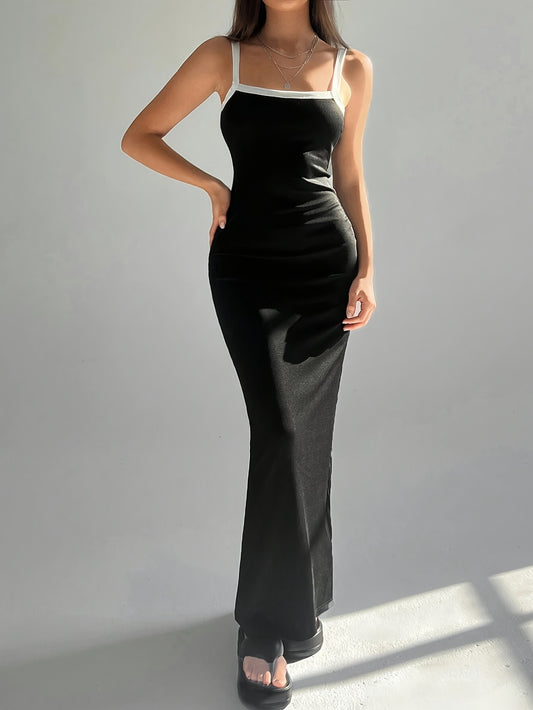 Elegant Sleeveless Maxi Dress for Women - Black Polyester Bodycon with Contrast Trim, Off-Shoulder Design, Machine Washable, Perfect for Spring/Summer, Tight Fitted Dress