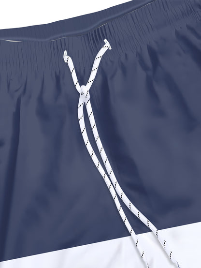 Men'S Fashion Drawstring Beach Shorts with Pockets - Casual Striped & Solid Color Block Design, Non-Stretch Fabric, Perfect for Pool Parties & Vacation