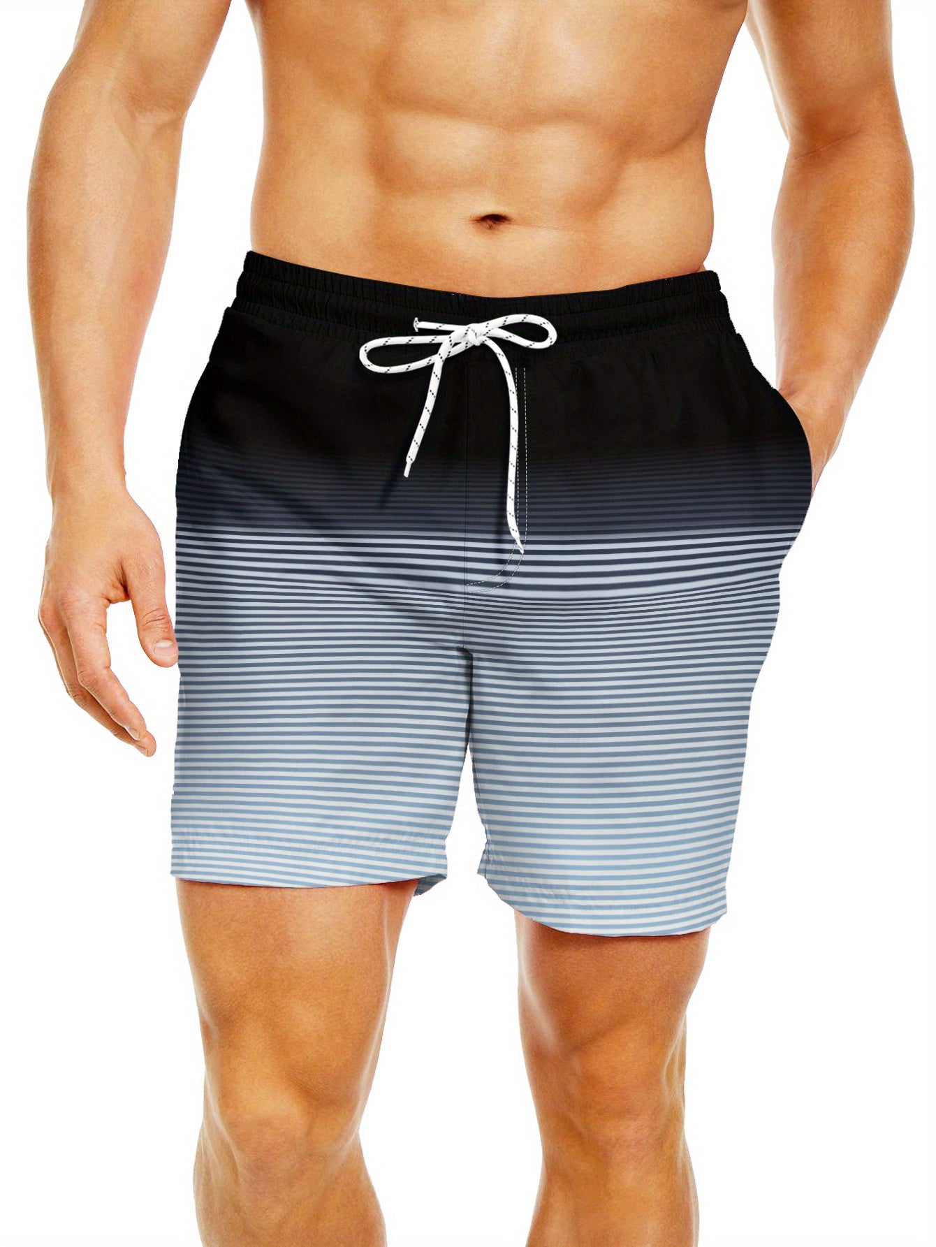 Men'S Fashion Drawstring Beach Shorts with Pockets - Casual Striped & Solid Color Block Design, Non-Stretch Fabric, Perfect for Pool Parties & Vacation