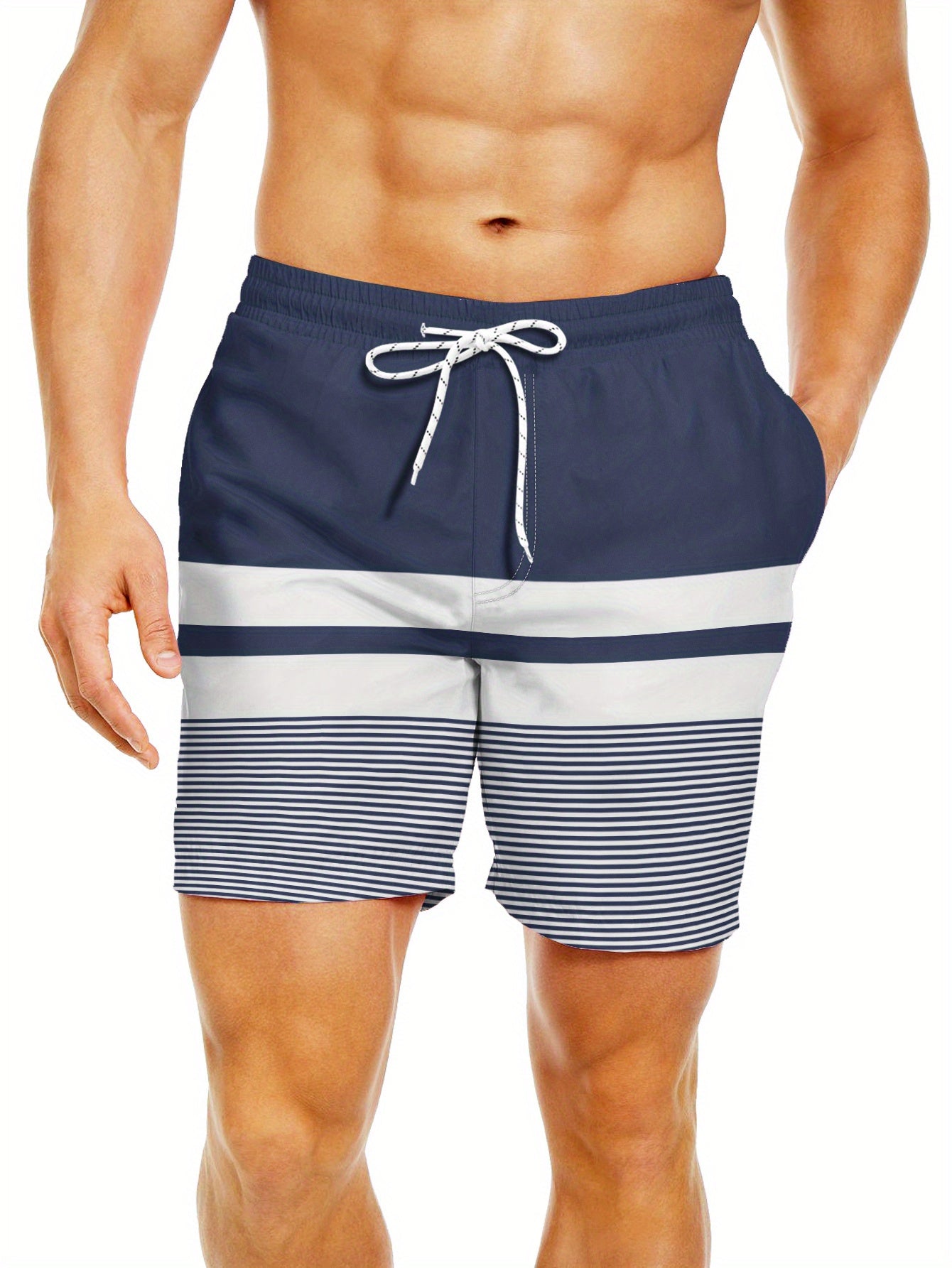 Men'S Fashion Drawstring Beach Shorts with Pockets - Casual Striped & Solid Color Block Design, Non-Stretch Fabric, Perfect for Pool Parties & Vacation