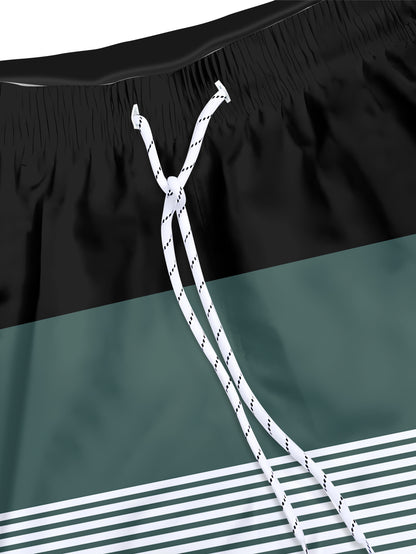 Men'S Fashion Drawstring Beach Shorts with Pockets - Casual Striped & Solid Color Block Design, Non-Stretch Fabric, Perfect for Pool Parties & Vacation