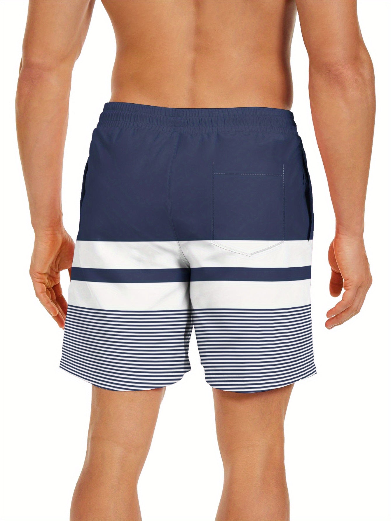 Men'S Fashion Drawstring Beach Shorts with Pockets - Casual Striped & Solid Color Block Design, Non-Stretch Fabric, Perfect for Pool Parties & Vacation