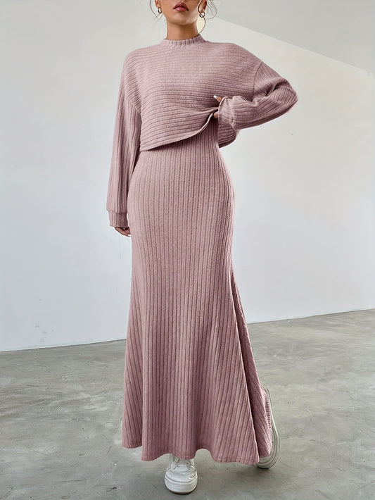 Elegant Ribbed Dress Set - Women's Dress Suits with Crew Neck Long Sleeve Top & Maxi Tank Dress Outfits, Soft Solid Color, Comfortable, Versatile, and Chic Clothing for Everyday Wear