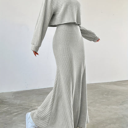 Elegant Ribbed Dress Set - Women's Dress Suits with Crew Neck Long Sleeve Top & Maxi Tank Dress Outfits, Soft Solid Color, Comfortable, Versatile, and Chic Clothing for Everyday Wear
