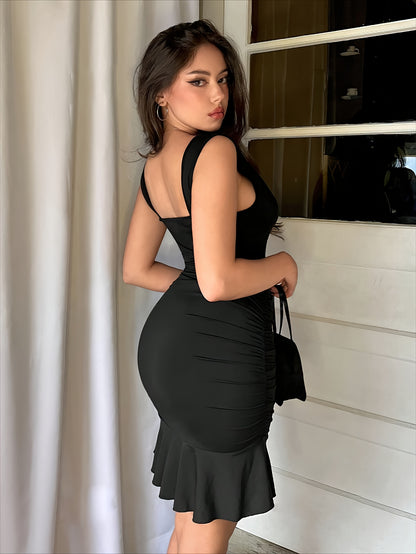 Vibrant V-Neck Bodycon Ruffle Hem Tank Dress - Elegant Sleeveless Polyester Dress for Women, Perfect for Spring, Summer, Wedding, Graduation, Engagement, Party, Holiday, and Birthday Occasions - Customized, Micro Elastic, Sol