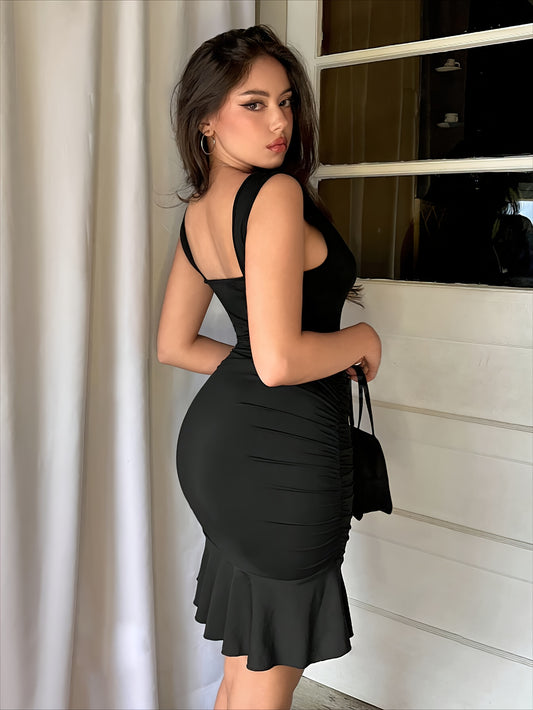 Vibrant V-Neck Bodycon Ruffle Hem Tank Dress - Elegant Sleeveless Polyester Dress for Women, Perfect for Spring, Summer, Wedding, Graduation, Engagement, Party, Holiday, and Birthday Occasions - Customized, Micro Elastic, Sol